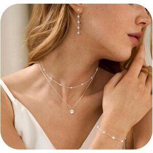 Gold Jewelry Set for Women, Dainty Layered 14K Gold/Silver Pearl Choker Necklace